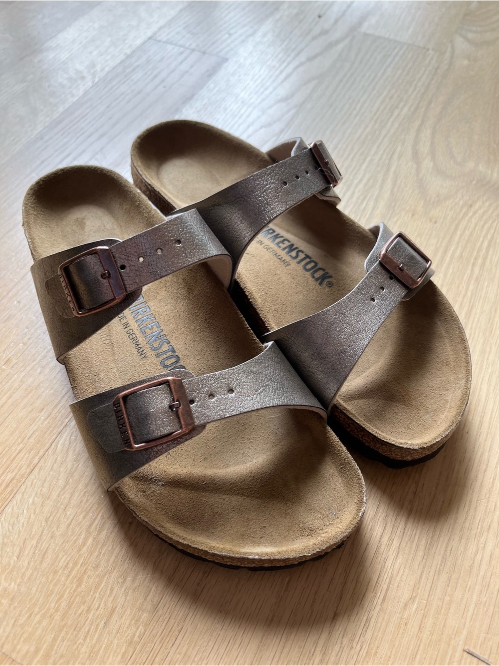 Birkenstock Brown Double Strap Sandals with Copper Buckles